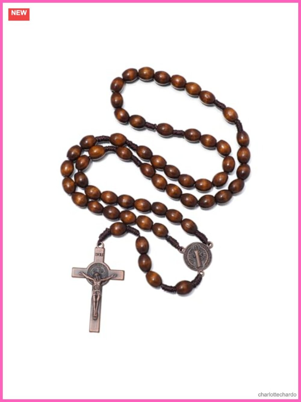 Wooden Rosary Beads Necklace Catholic Prayer St Benedict Medal with Crucifix